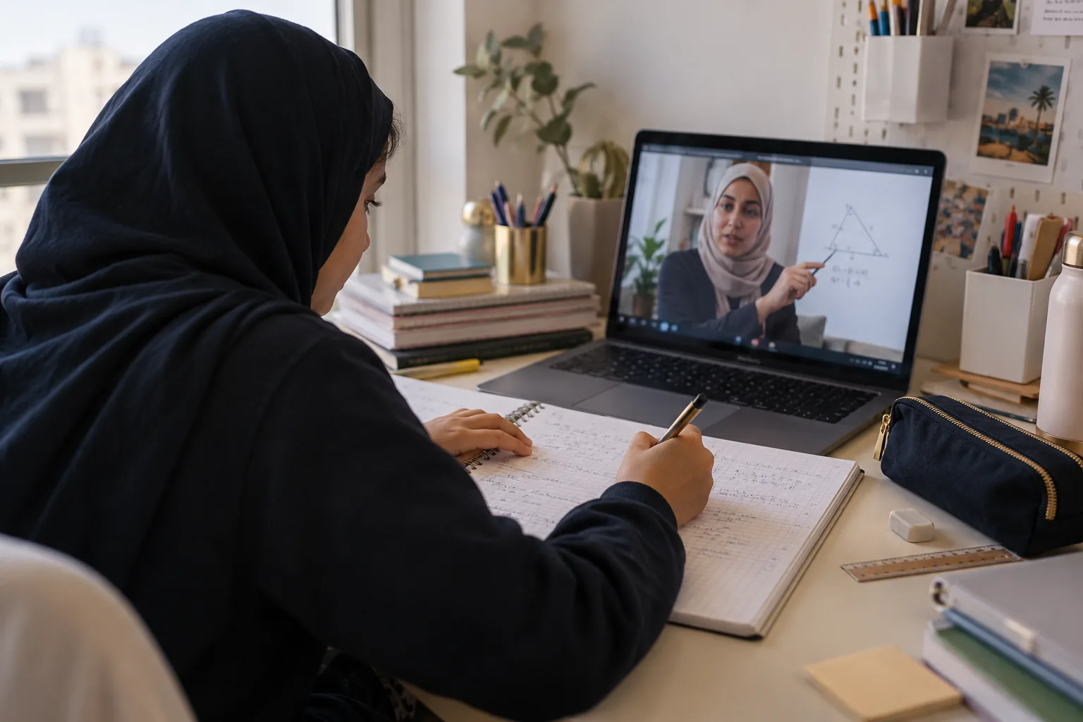 A student following an online mathematics lesson