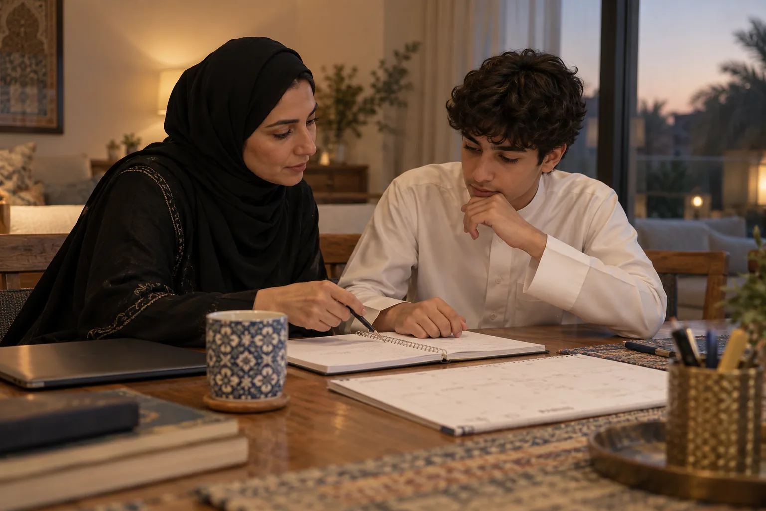 A parent and student reviewing academic progress